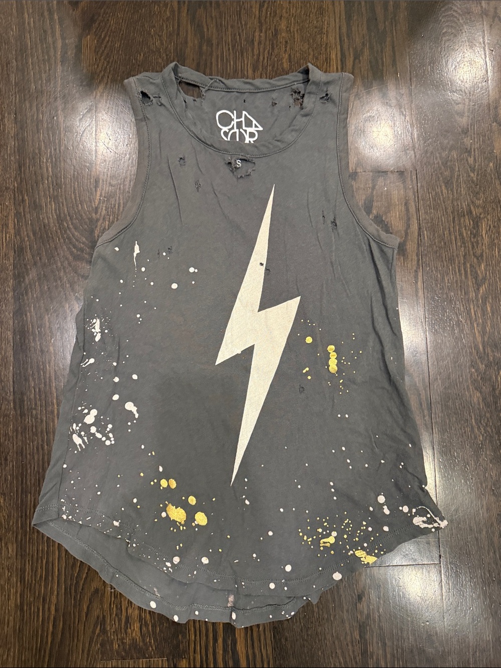 Chaser Tank Distressed with Lightning Bolt and Paint Splatter